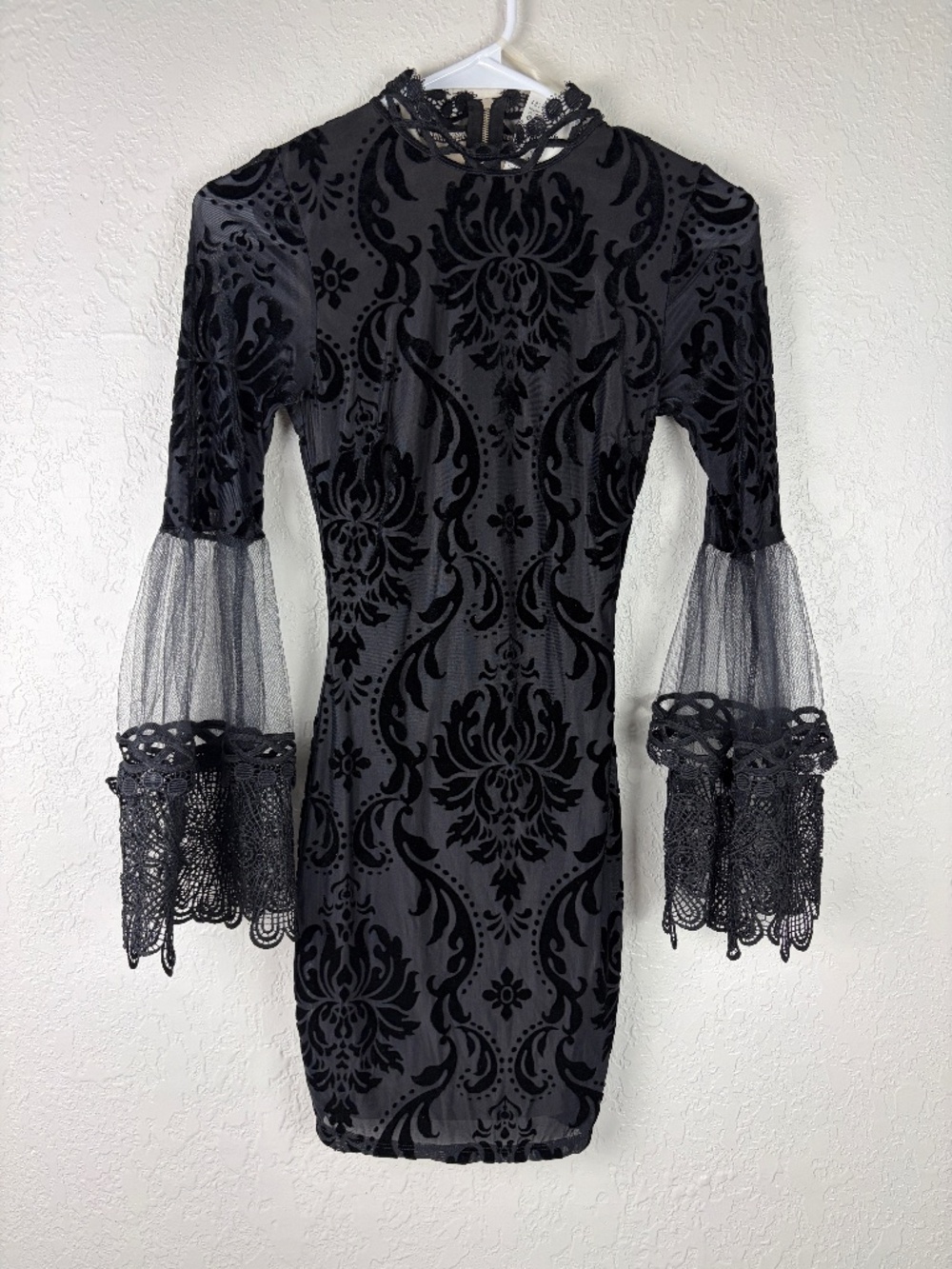 NWT Fashion Nova Women’s Bodycon Dress Laced Mesh Sleeves XS Black Whimsy Goth